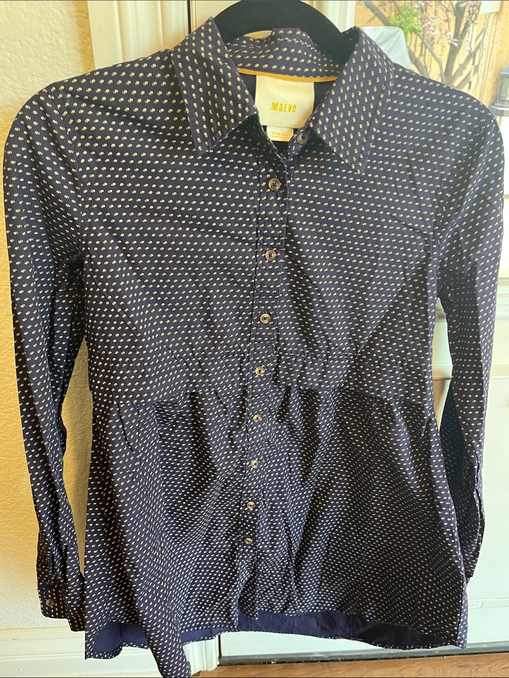 Maeve Navy Printed Button-Down Shirt Dress with Mustard Accents